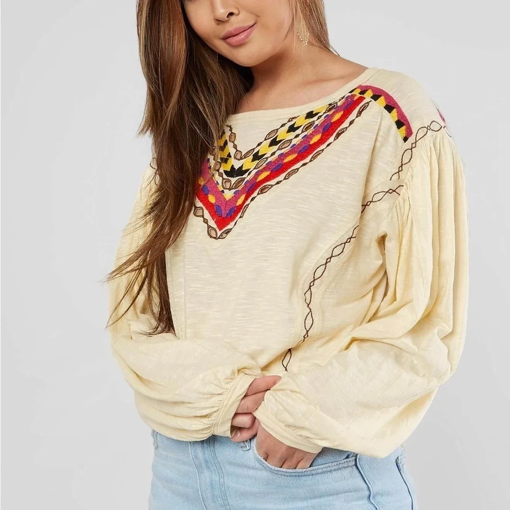 Free People Boho Embroidered Long Sleeve Hand Me Down Top